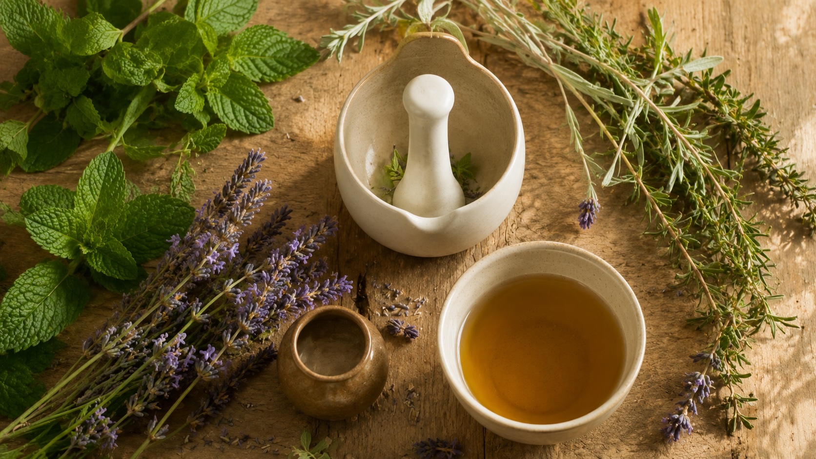 Plantes aromatiques, mortier et infusion
