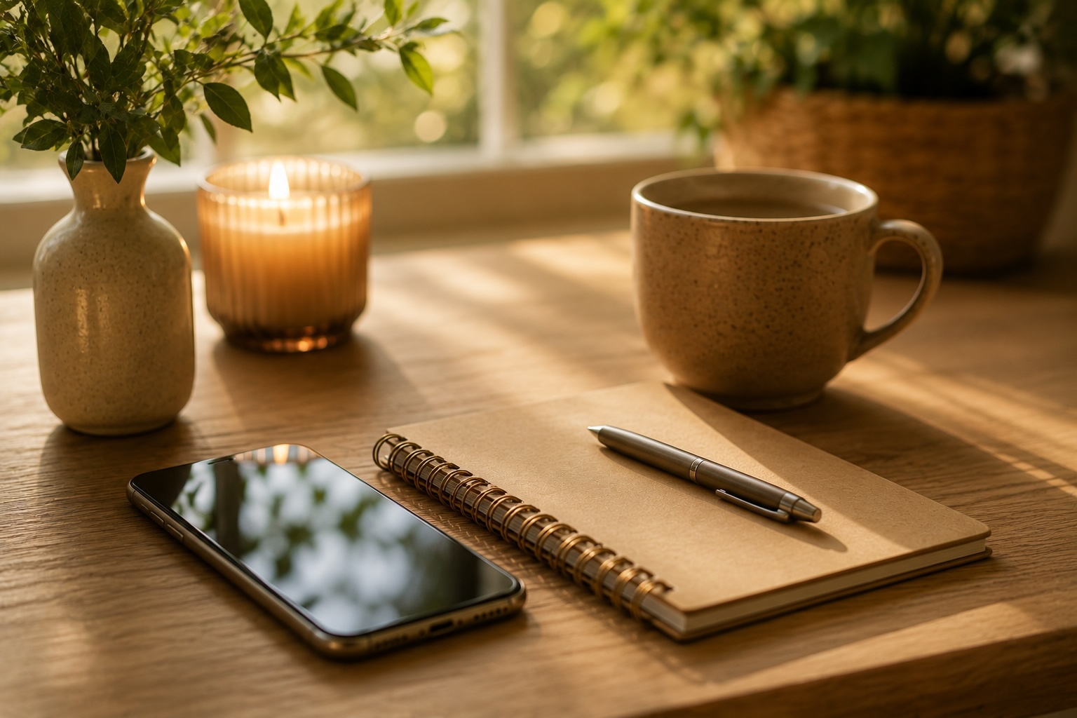 Téléphone, carnet et infusion dans une atmosphère chaleureuse