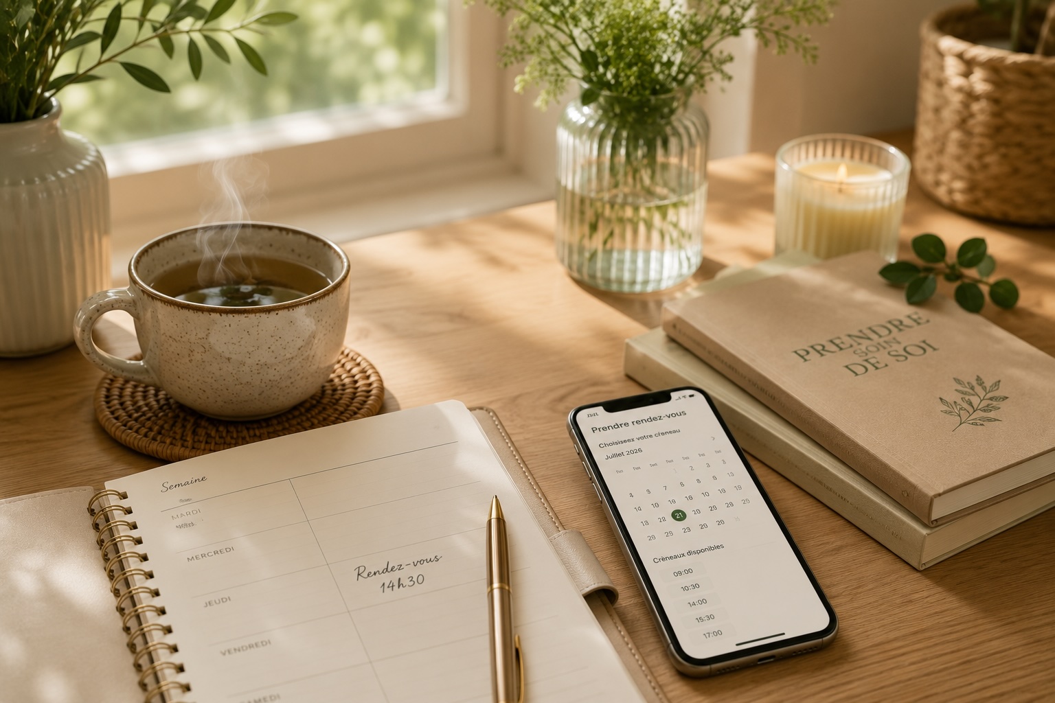 Agenda, téléphone et infusion pour prendre rendez-vous